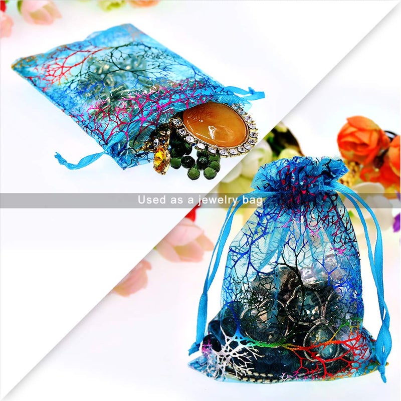 SumDirect 100Pcs Blue Organza Drawstring Bags Jewelry Pouches, Coralline Pattern Candy Chocolate Party Christmas Wedding Favor Gift Bags,3.5x4.7inches - Image 5